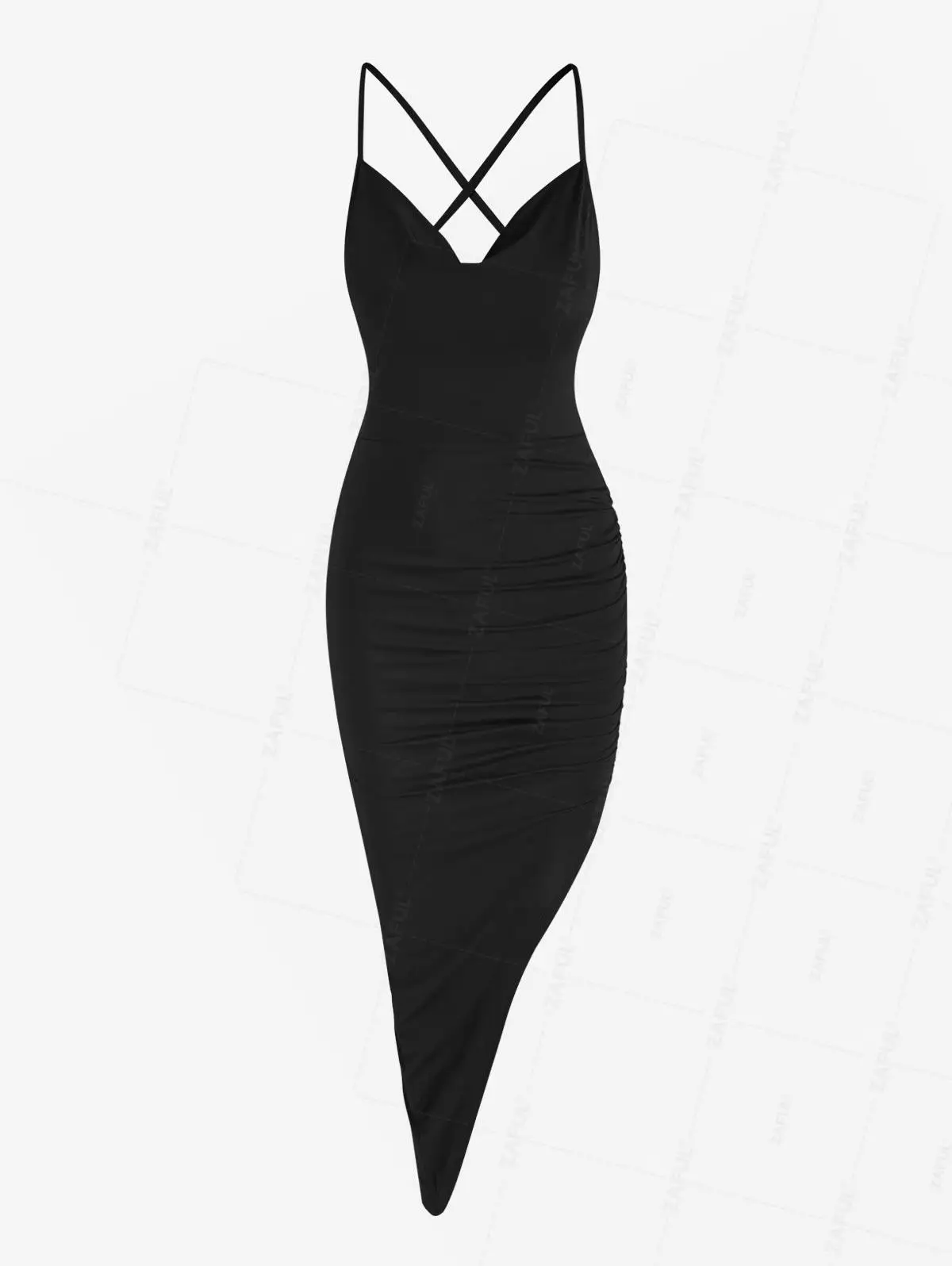 ZAFUL Criss Cross Lace Up Backless Ruched Draped Asymmetrical Hem Midi Vegas Dress