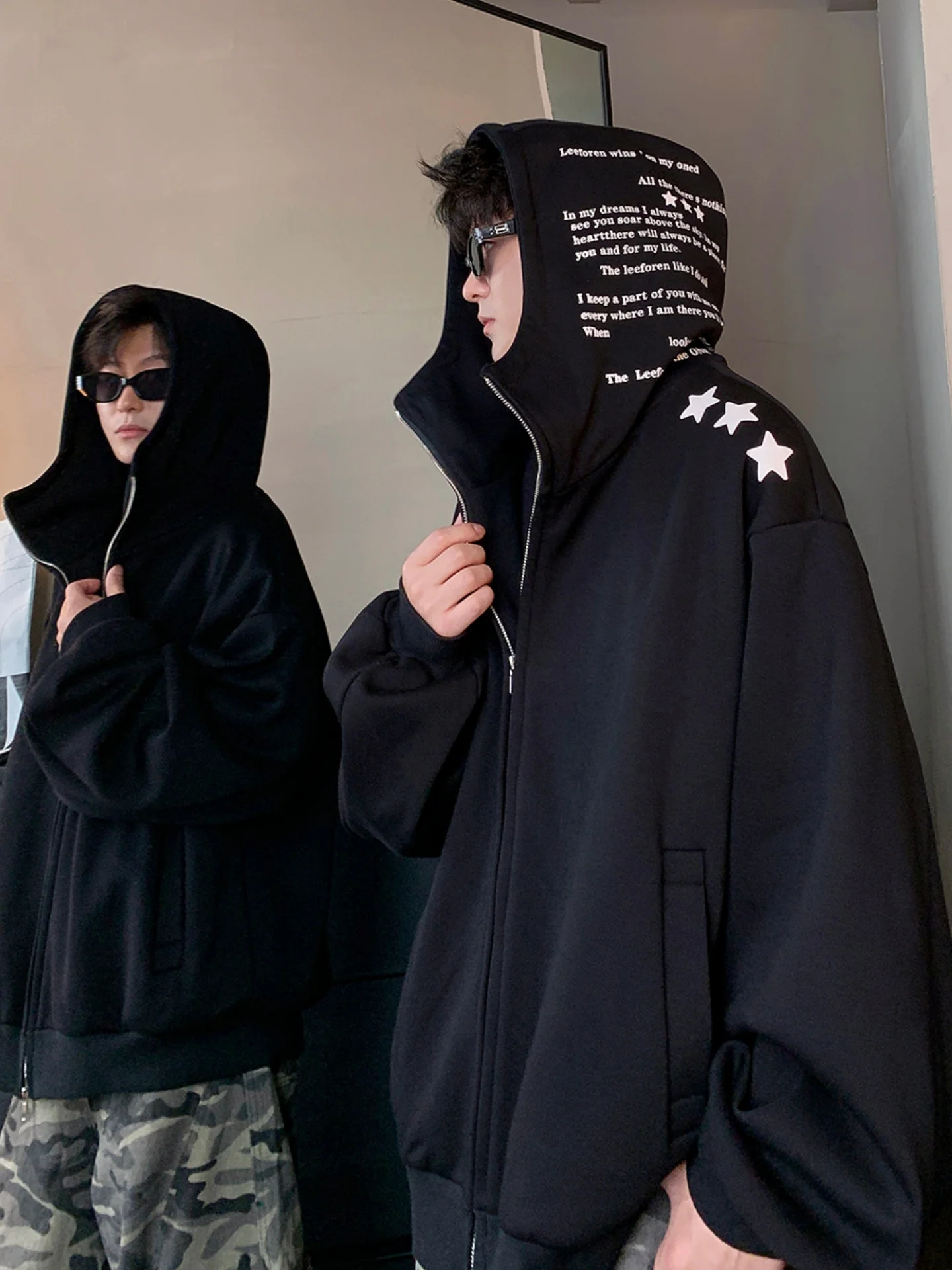 

Heavyweight Oversize Hoodie Sweatirt Men's American High Street Sle Star Print Zipper Comfortable Long Sve Casual Top