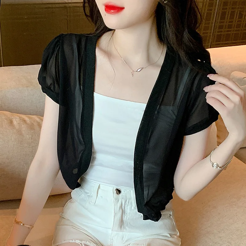 Women Chiffon Cropped Tops Thin Tulle Shawl Shrug Summer Short Sleeve Bolero Cardigan Fashion Casual Beach Sunscreen Clothing