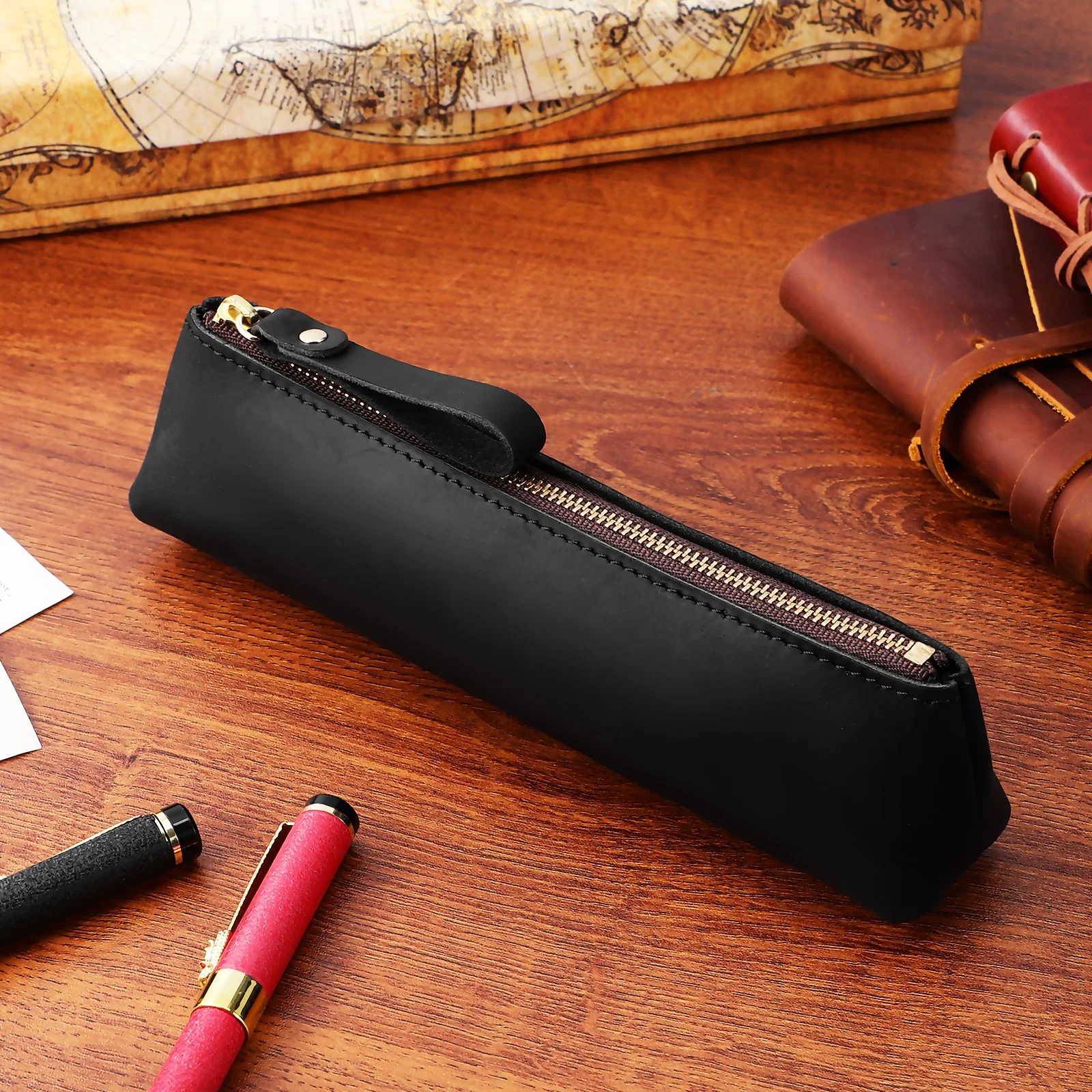 

Handmade Black Pen Case Slim Pencil Pouch Portable Writing Tool Holder Travel School Stationery Organizer