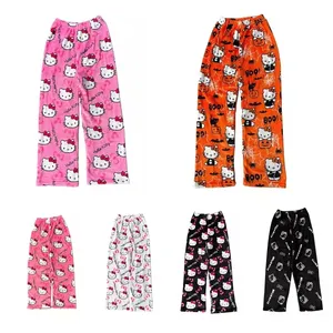 2025 Sanrio Hello Kitty Pajamas Halloween Flannel Fashion Trouserswomen Kawaii Woolen Anime Cartoon Casual Home Pants Autumn