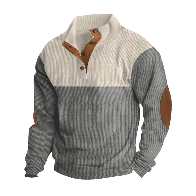 Men's Corduroy Patchwork Sweatirt Outdoor Casual Loose irt Stand Collar Button up Spring Autumn Youth Faion Long Sve
