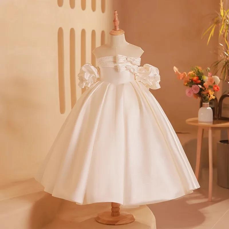 Girls' Formal Dress White Princess Dress Birthday Flower Girl Long Dress Strapless Little Girl Host Piano Performance