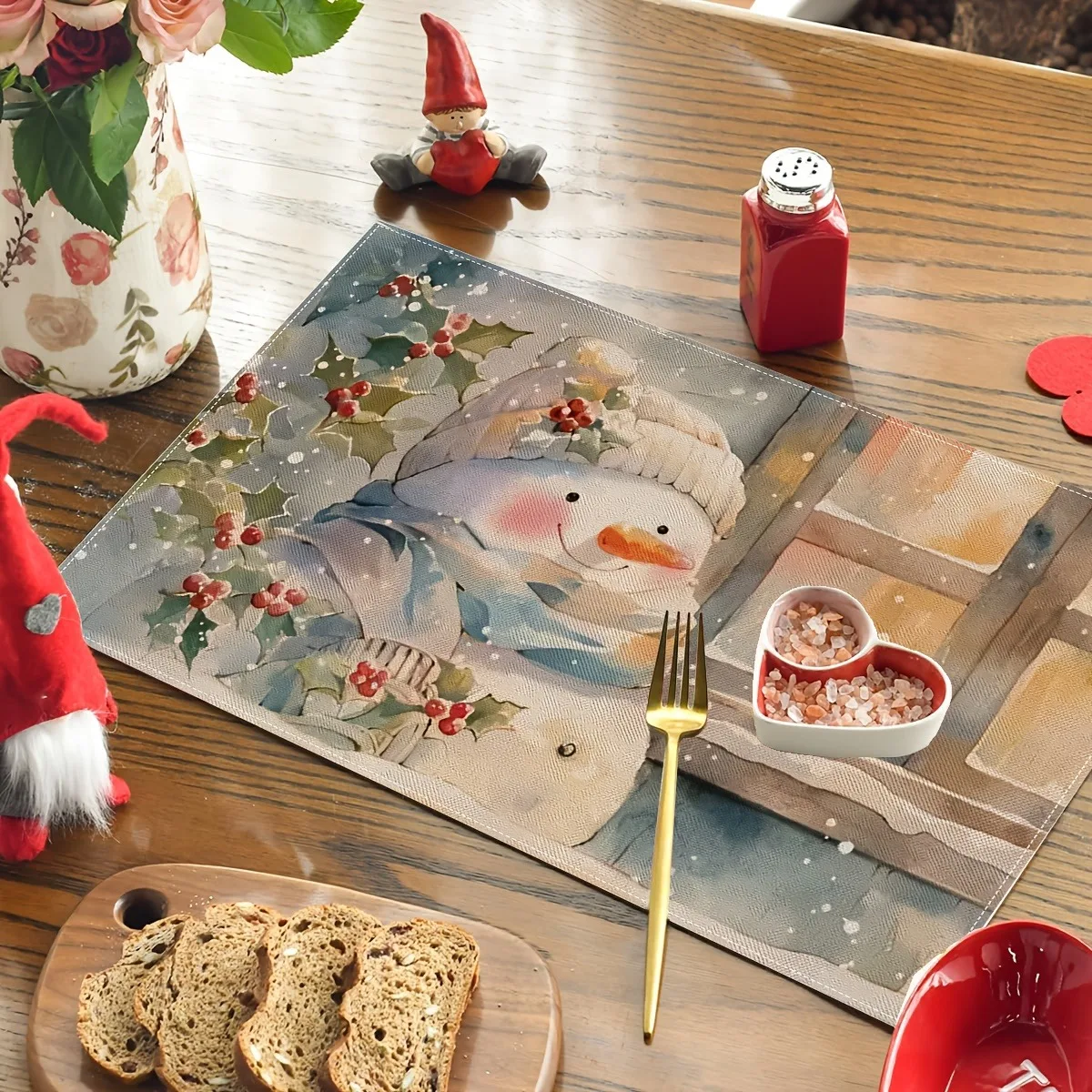 Vintage Christmas Placemats Table Mat Soft Watercolor Snowman Berry Pattern for Dining Table Cozy Winter Holiday Home Decoration