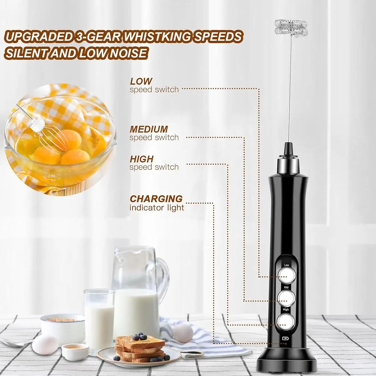 Wireless Rechargeable Electric Milk Frother - 3 Speeds, Handheld Foam Maker for Latte, Cappuccino, Hot Chocolate - USB Rechargea