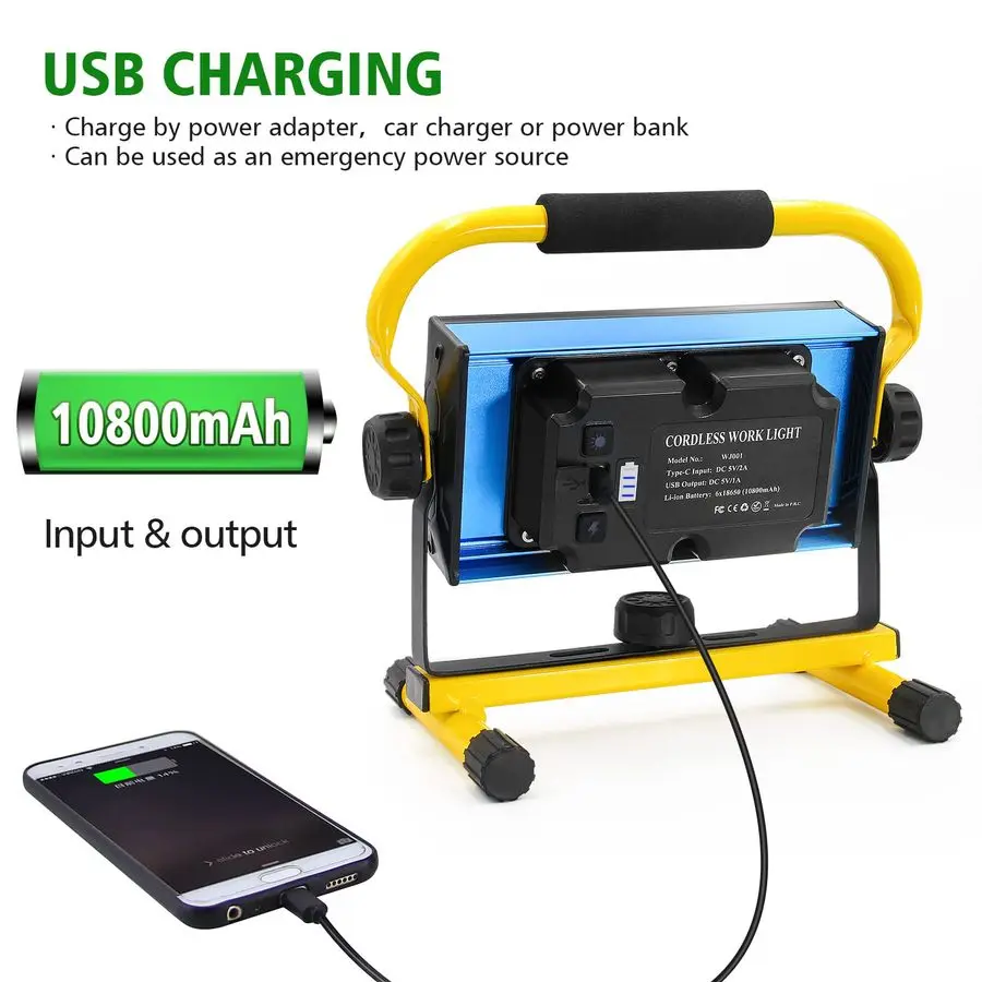 COB Rechargeable Work Light, 7000LM Cordless LED Work Lights, Waterproof Portable Flood Light with Stand for Outdoor Camping, Hi