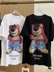 Fashion Cartoon Bear Rhinestone Top 2024 Summer New Loose Mid-Length Short Sleeve T-shirt Women Black Round Neck Casual Top