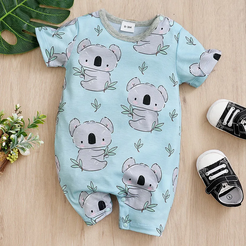 Newborn Baby Clothes blue koala-Print Fashion Infant Jumpsuit Toddler Short Sleeve One-piece Pajamas Boy Bodysuit Summer Romper