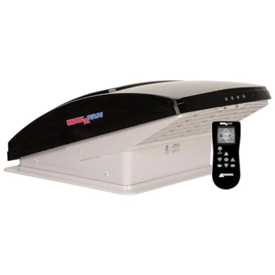 

RV rooftop ventilation system with aluminum housing, smoke gray color, 10-speed reversible fan, thermostat control, built-in ra