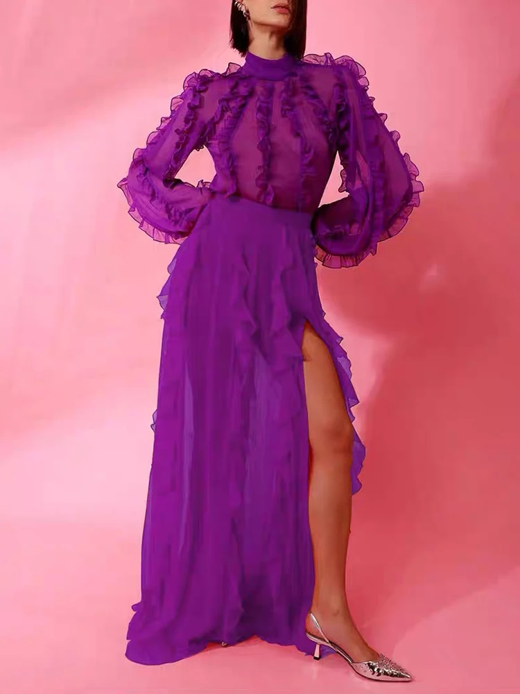 VGH Patchwork Mesh Two Piece Set For Women Stand Collar Lantern Sleeve Top High Waist Split Thigh Skirt Elegant Sets Female New