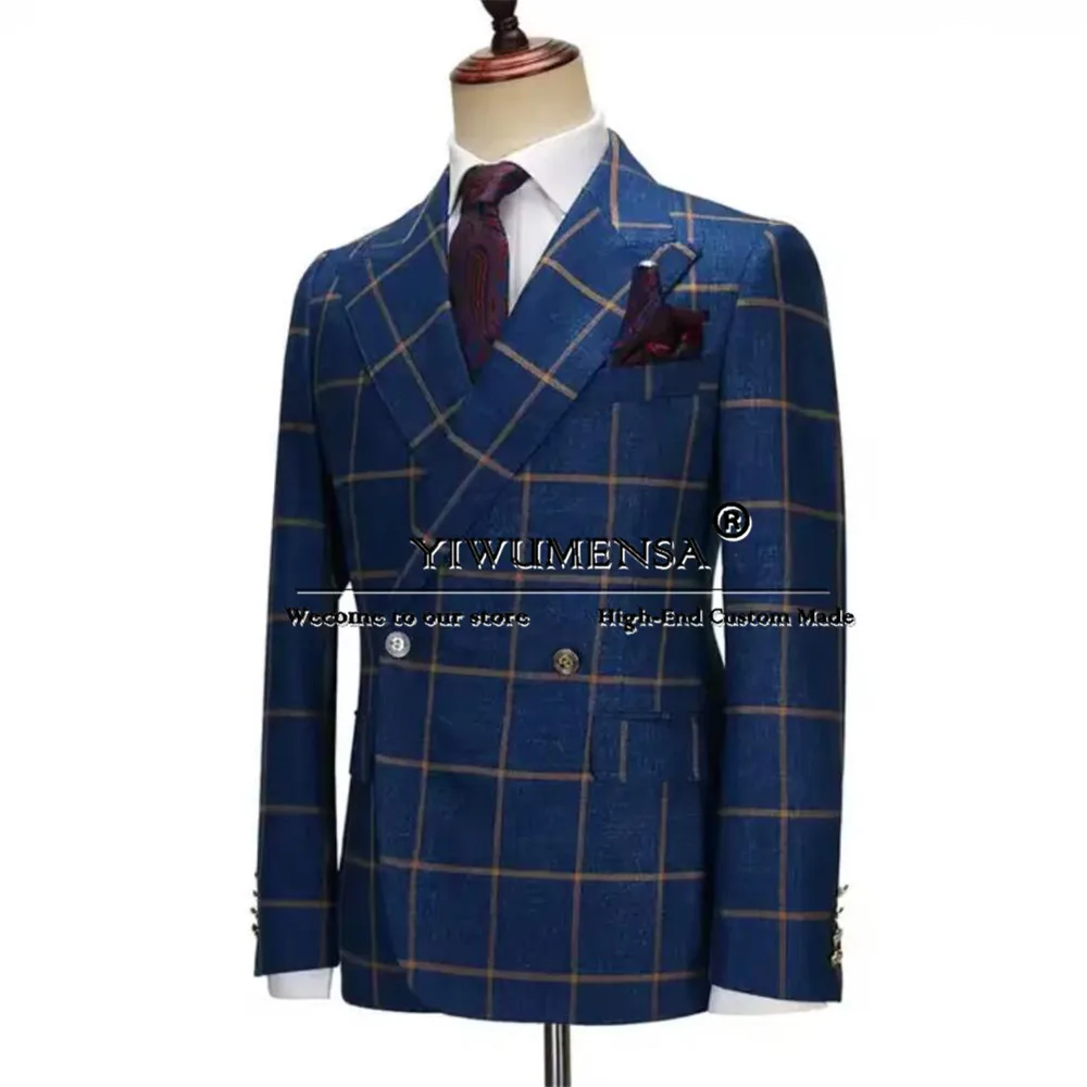 Elegance Business Suits Men For Wedding Bespoke Plaid Check Double Breasted Jacket Pants 2 Piece Groom Tuxedo Dinner Party Dress