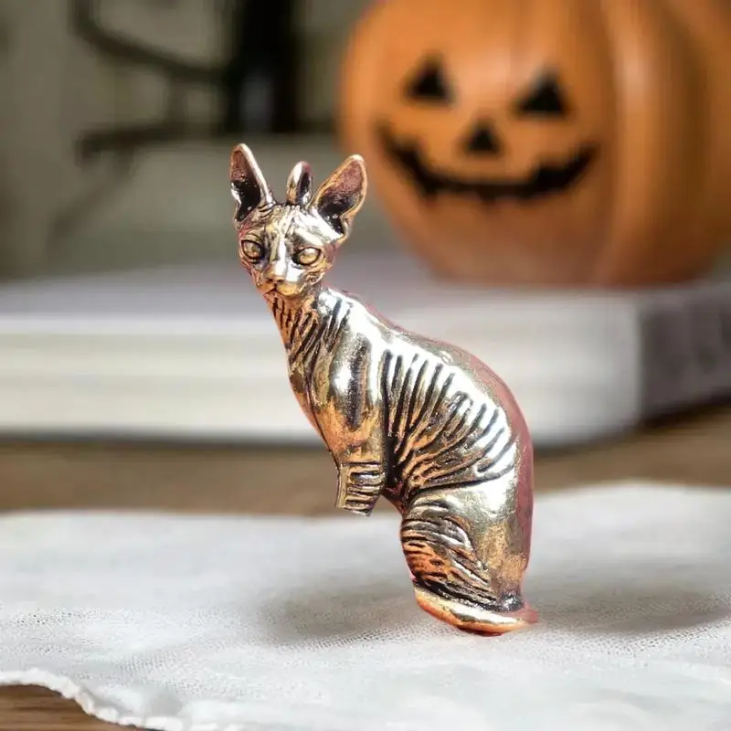 △ Solid Brass Hairless Cat Small Statue Desktop Ornaments Vintage Animal Figurines Model Lucky Home Decorations Crafts