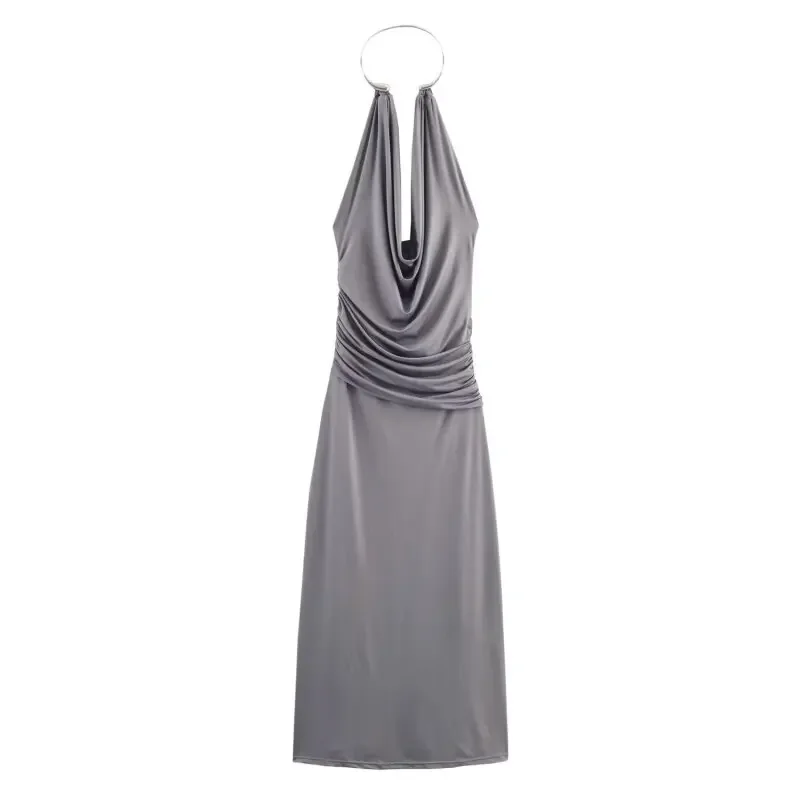 High-grade Grey Halter Elegant Dress Evening Party Sexy Off Shoulder Lady Tank Sleeveless Beauty Backless Dresses Simple Slim