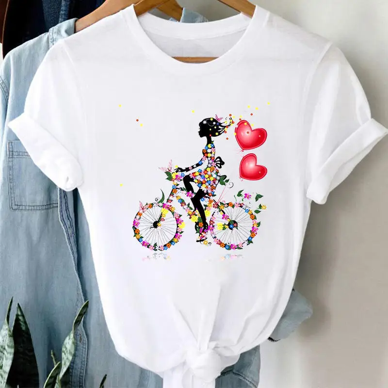 Fashion Women's T-shirt Floral Bicycle Print T-shirt Women's Cartoon Streetwear Tshirt Tops Aesthetic Clothes Summer New T Shirt