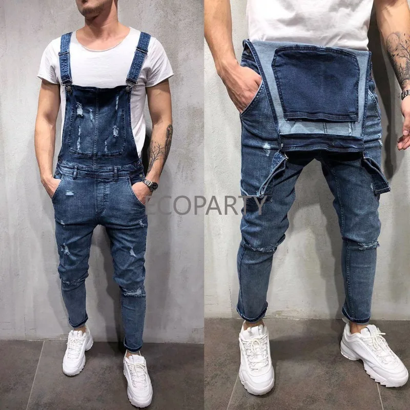 Fashion Men's Pants Overall Casual Jumpsuit Jeans Wash Broken Pocket Trousers Suspender Pants High Quality Mens Jeans Pants New