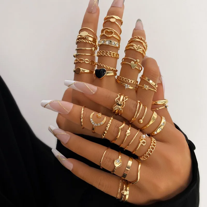 

49 Piece Gold Color Heart Geometric Butterfly Stars Moon Crystal Zircon Rings Set for Women Fashion Jewelry Accessories Gifts