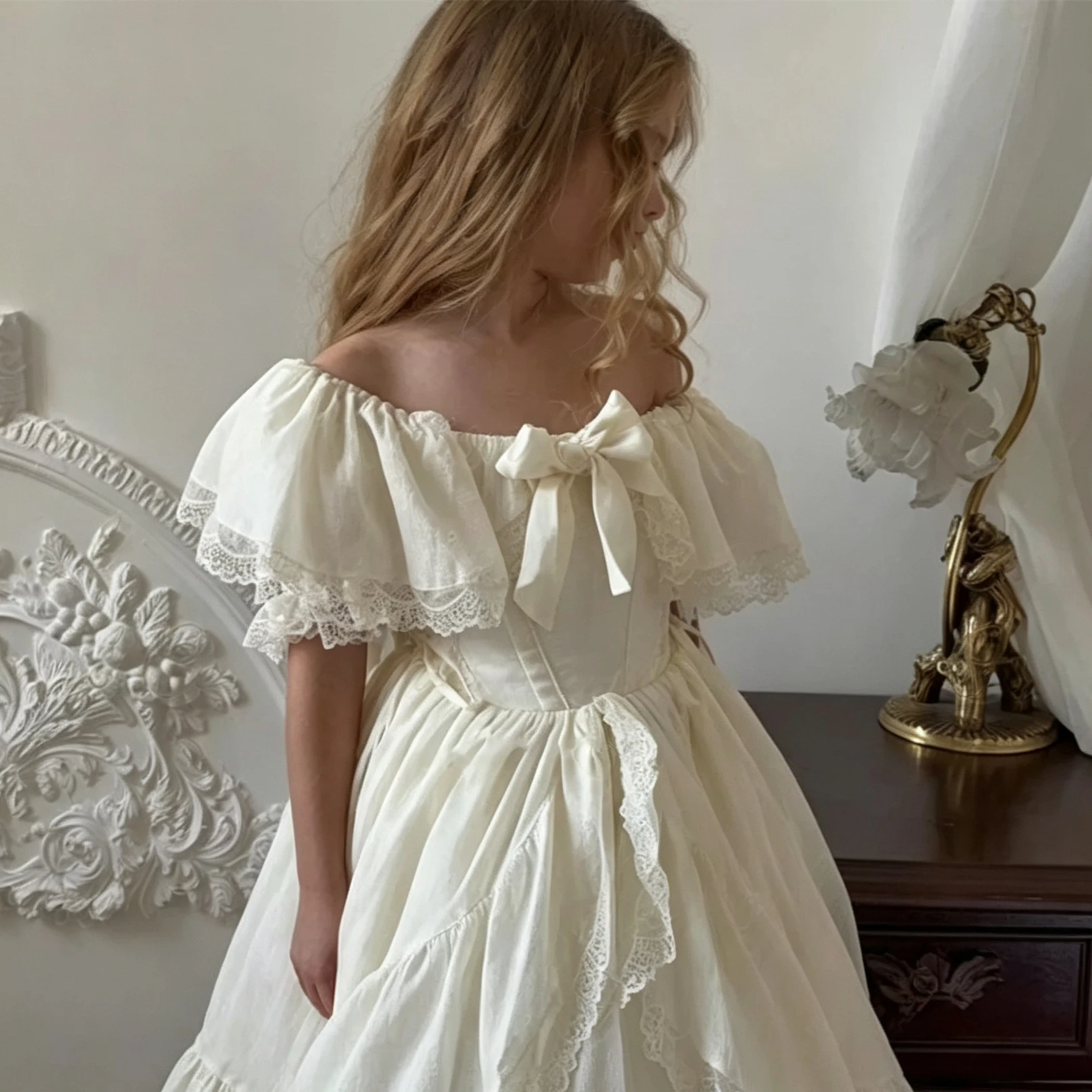Customized Flower Girl Dress For Wedding Lace Bow Short Sleeve Floor Length Elegant Kids Birthday Party First Communion Gown