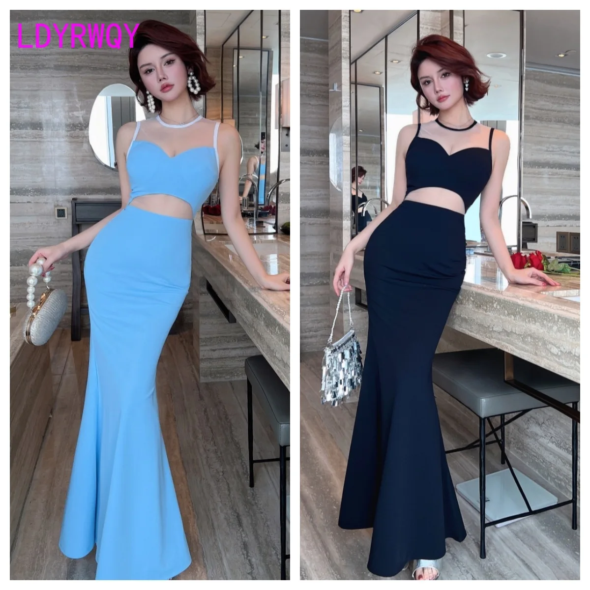 Sexy Night Shop runway dress with low cut mesh patchwork long skirt, exuding a slimming temperament in the nightclub dress