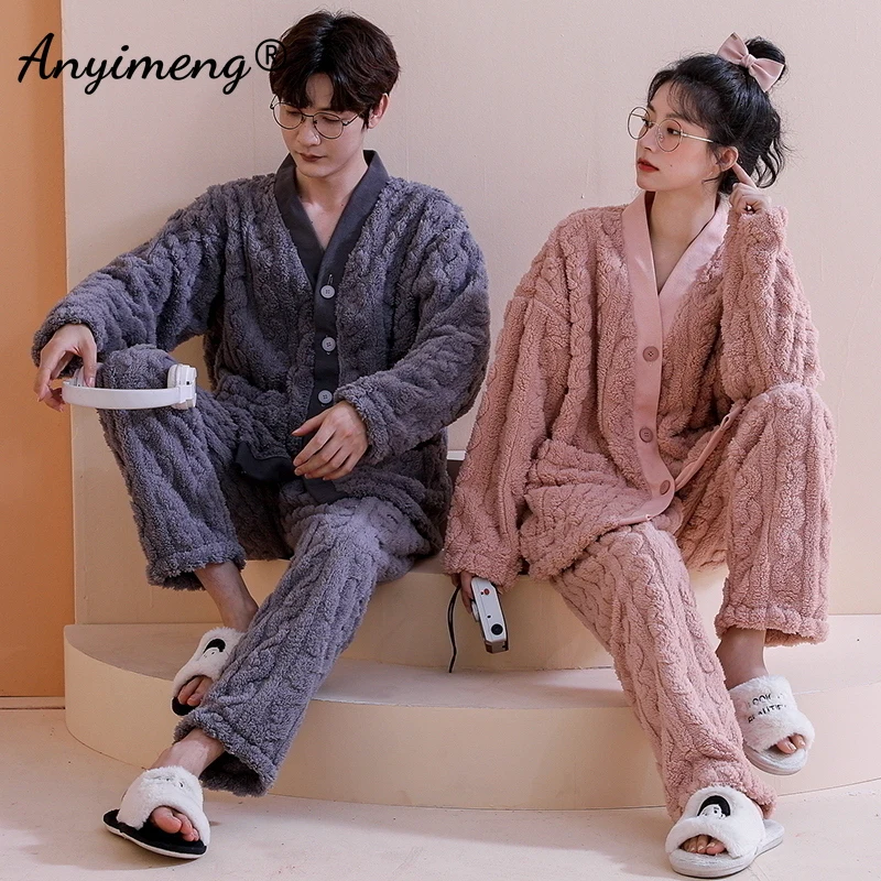 Couple Winter Warm Pajamas Set Fashion Casual Korean Minimalist Style Young Man and Woman Thick Pijama Sets Trendy Sleepwear