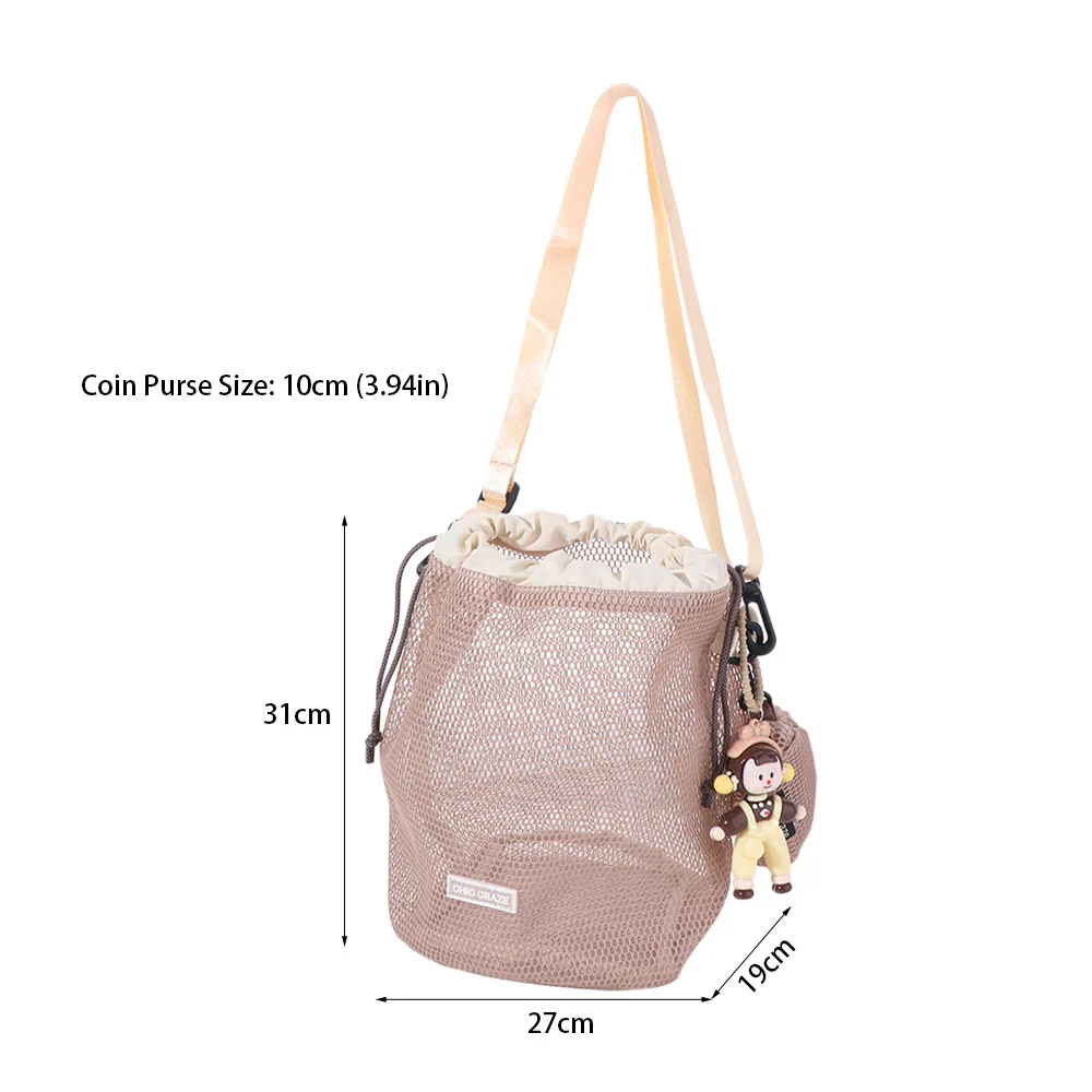 

Korean Style Drawstring Bucket Bag Pendant Transparent Mesh Shoulder Bag Solid Color Crossbody Bag Mobile Phone Bag Men