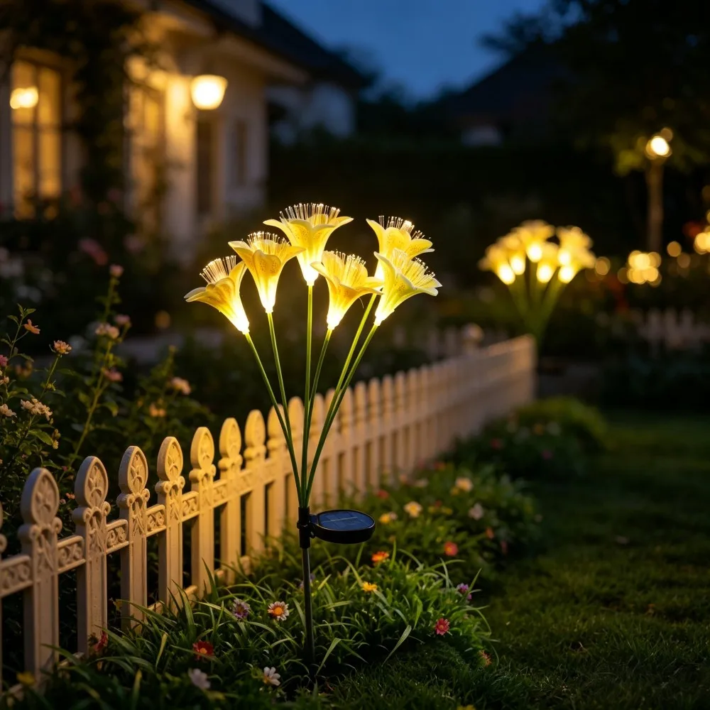 Solar Powered Lily Flower Stake Lights, Fiber Optic LED Outdoor Garden Decor Lawn Lamps, Waterproof Pathway Patio Yard Light image 5