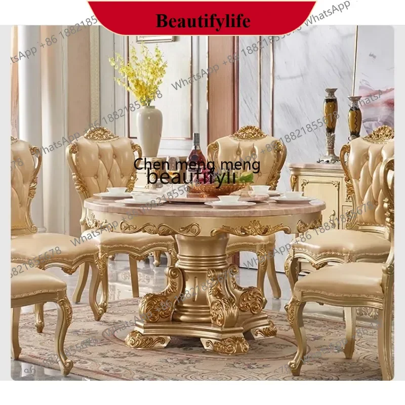 z183  European dining table and chairs household dining table with turntable marble solid wood round table gold