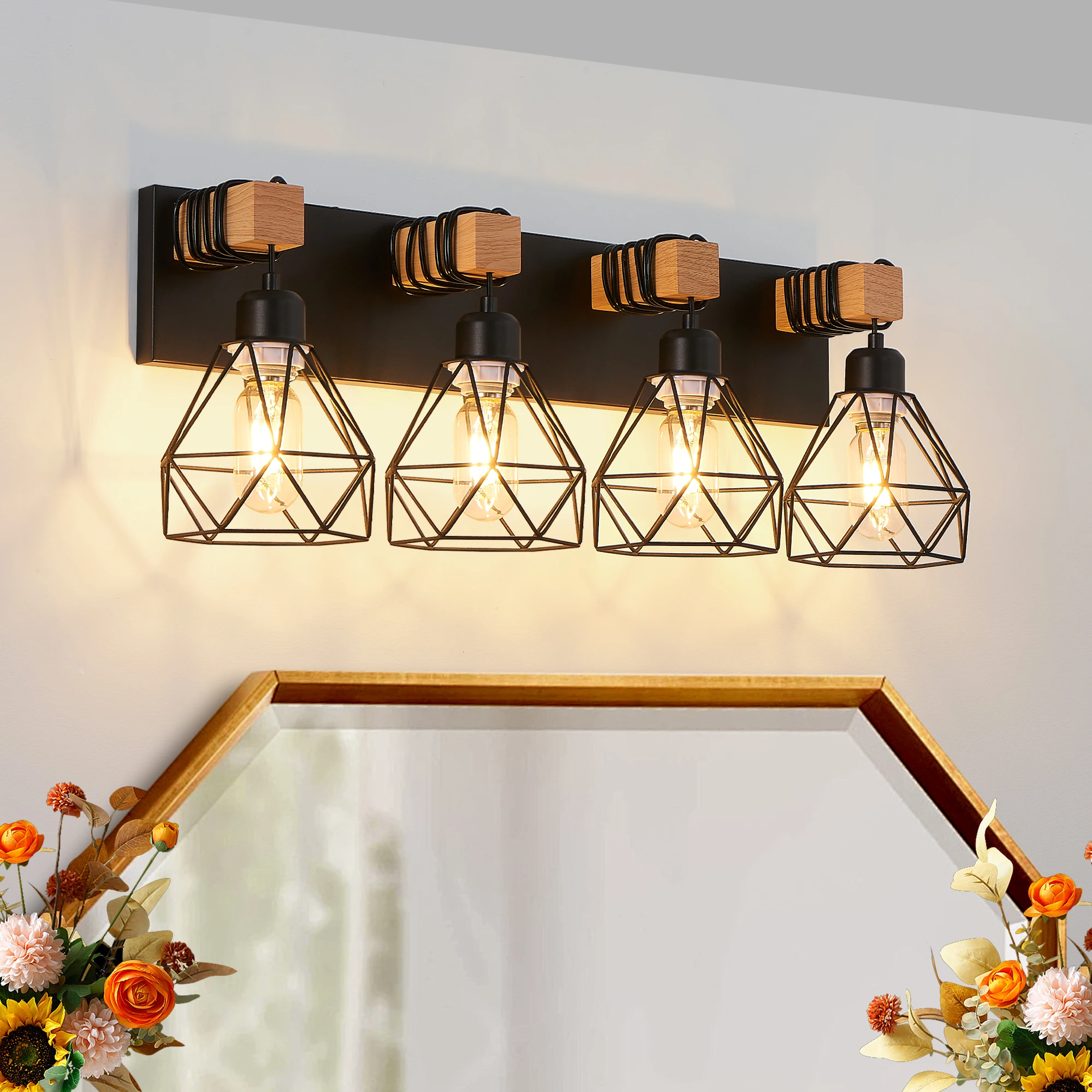 

24" Modern Geometric 4-Light Vanity Light Fixture with Black Metal, Wooden Accents and Cage Lampshade