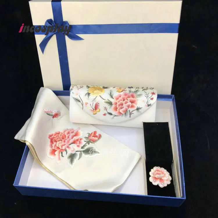 Chinese Embroidery Silk Scarf, Scarf Buckle & Evening Clutch 3Pcs Gift Box Set, Exquisite Luxury Present view 3