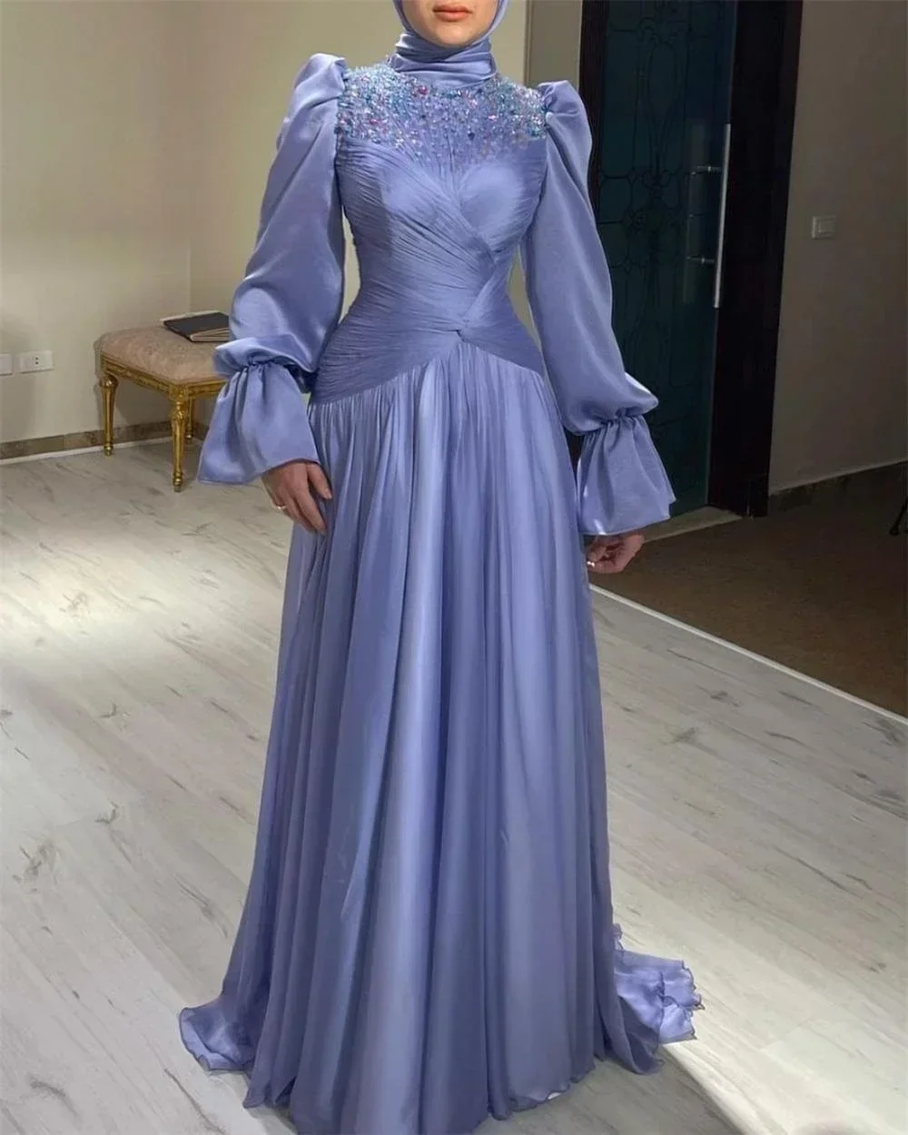 Customized Prom Dress Fashion High Collar Empire Party Floor Length Long Sleeve Satin Ruched Formal Evening Go