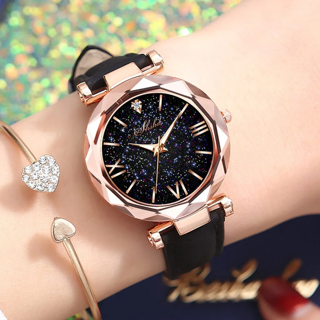 

Women Popular Light Luxury Watch Casual Star Pattern Classic Round Dial Leather Strap Wristwatch Lady Daily Elegant Quartz Watch