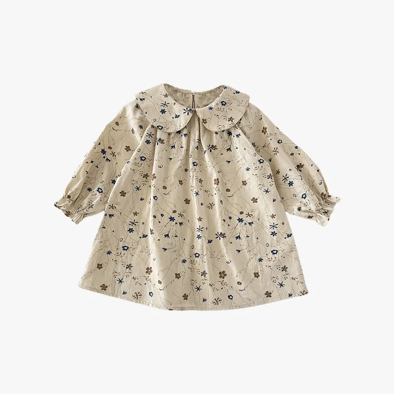 Spring Girls Fragmented Flower Dress Autumn New Children\'s Long sleeved Doll Neck Dress Baby Kids Pure Cotton Princess Dress