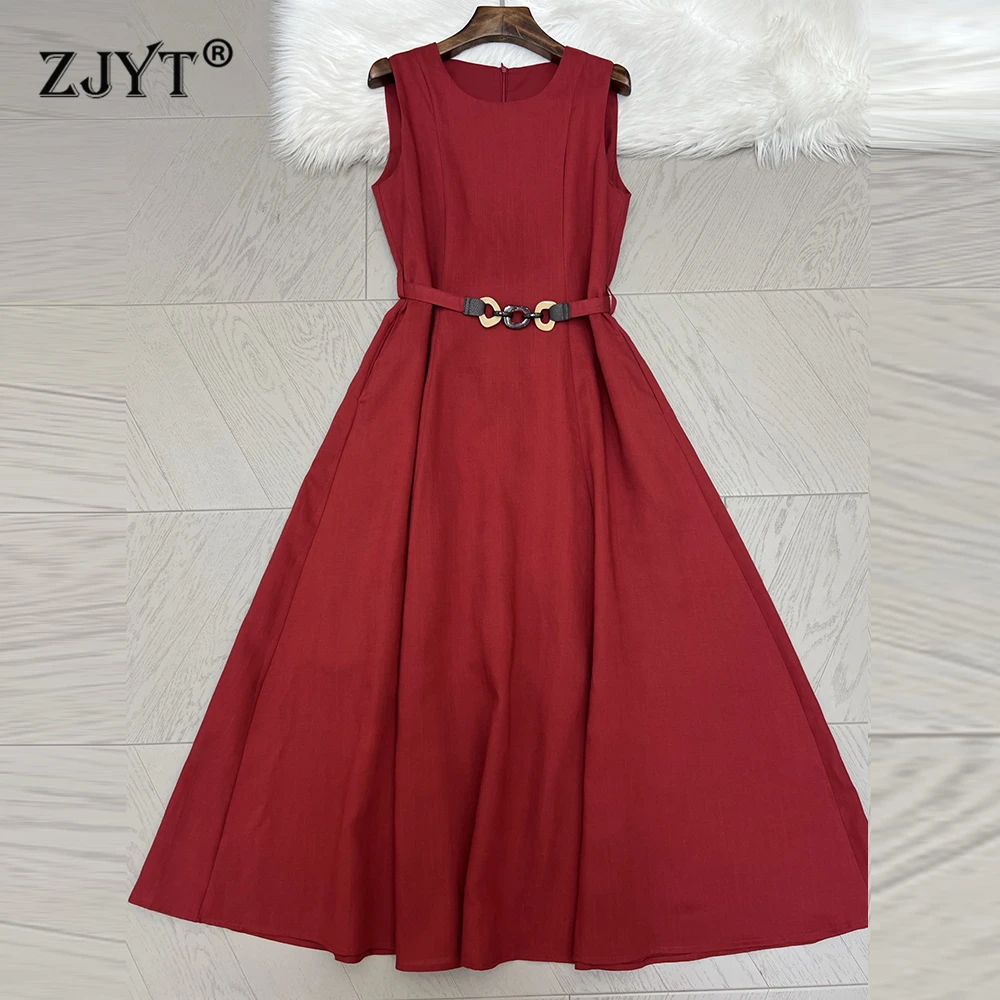 

ZJYT Summer Fashion Women's 100% Flax Sleeveless Dress Linen Lace Up O Neck Casual Aline Midi Vacation Tank Dress Red Yellow
