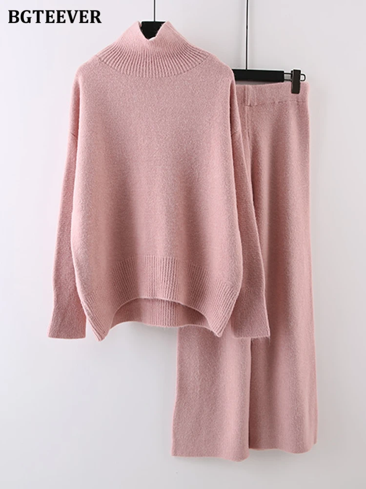 BGTEEVER Autumn Winter Warm Turtleneck Women Knitted Trousers Suits Long Sleeve Sweaters & Elastic Waist Wide Leg Pants