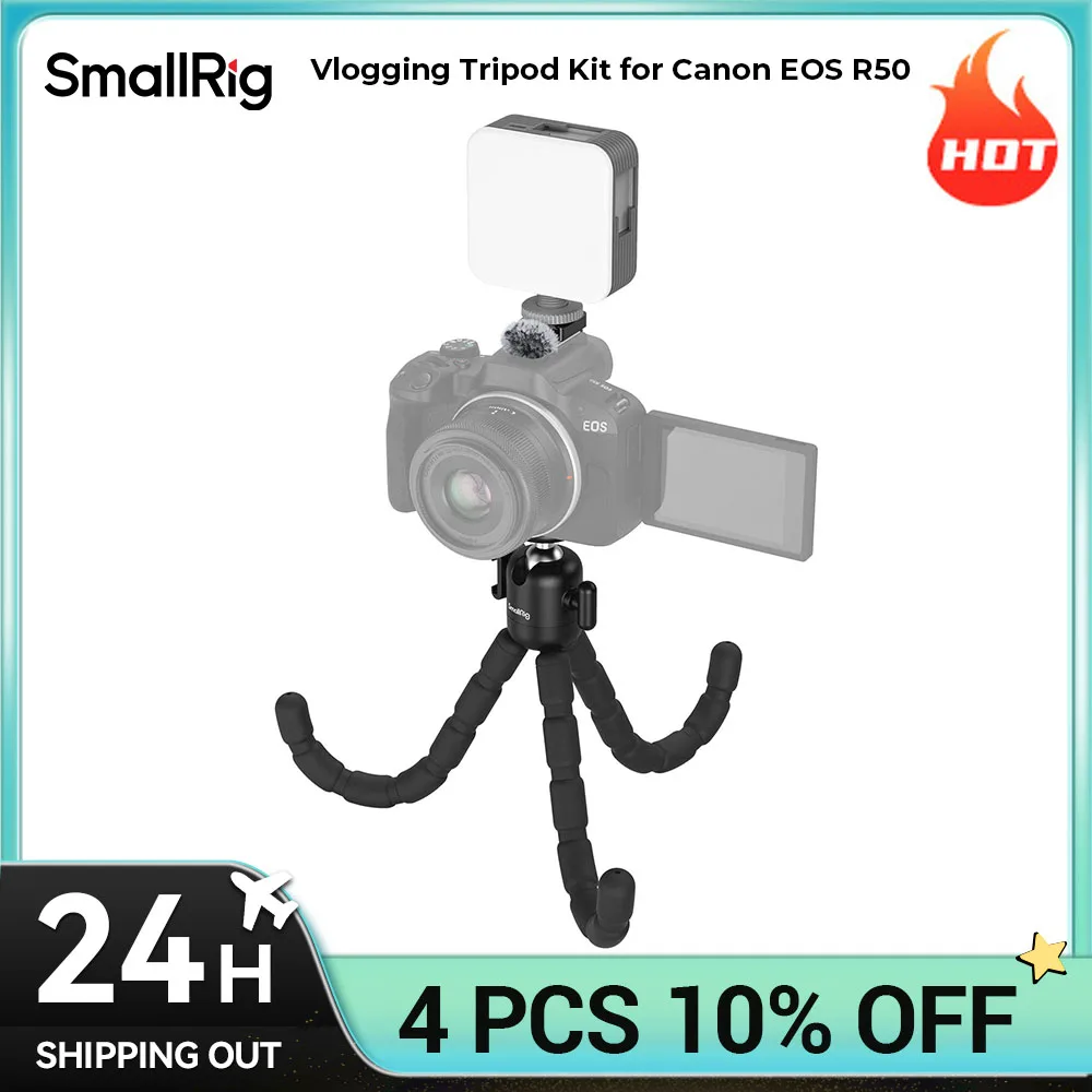 SmallRig Vlogging Tripod Kit for Canon EOS R50 Portable Travel Tripod with LED Video Light Furry Windscreen for Video Shooting