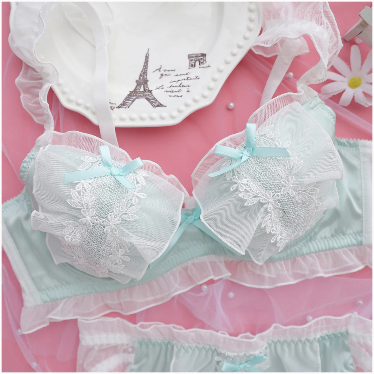 Fresh water-soluble college style underwear girls sweet and cute lingerie briefs three buckle gathered ladies bra set