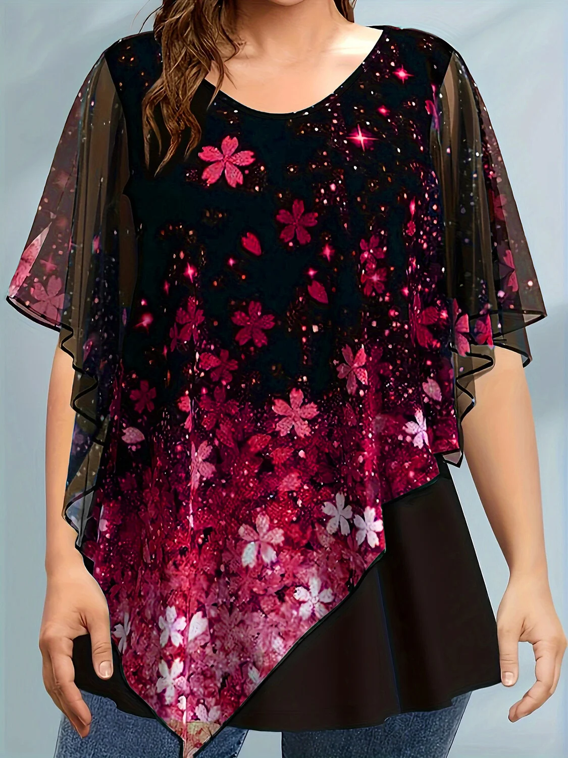 Women's Plus Size Blouse Chiffon Floral Print Fake Two Piece Aysmmetric Short Sleeve Round Neck Blouse Summer 2025 Casual Tops