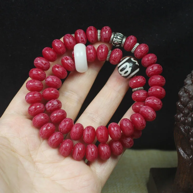 Purplish Red Bodhi Six-Word Double-Layer Bracelet White Jade Flexible Ring Bodhi Rosary Beads Handheld Wholesale