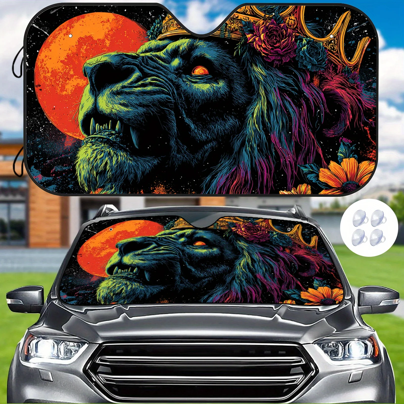 The Majestic Lion King Car Front Windshield Decoration Features A Golden Crown And Floral Accents, Comes With A Secure Suction C