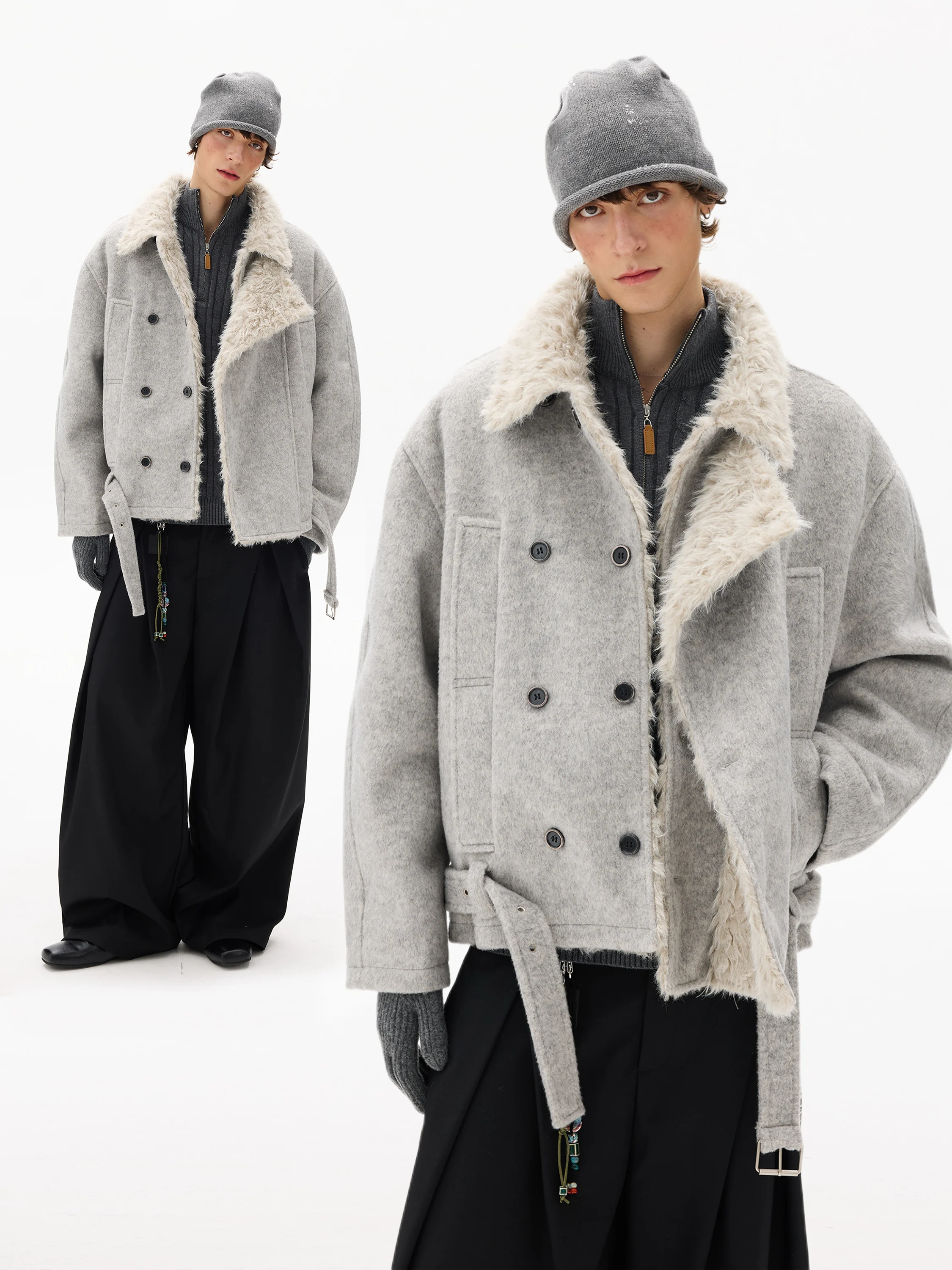 

Winter American Sle Premium Wool Blend Fur Collar Cotton Jaet Men's Women's Double Buttoned Cotton Wool Blend Jaet Coat