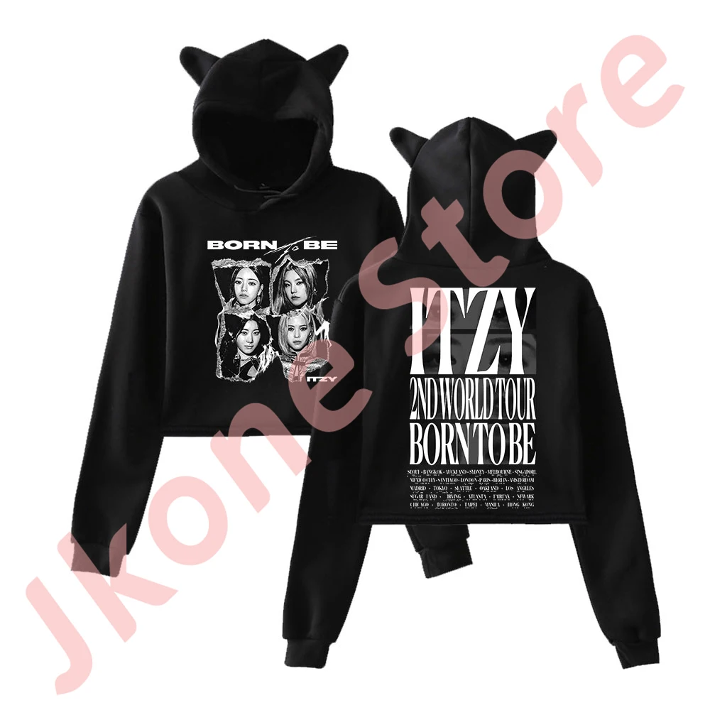 

Kpop ITZY Born To Be 2024 Tour Merch Hoodies Female Cat Ears Hoodie Long Sleeve Top Women's Clothes