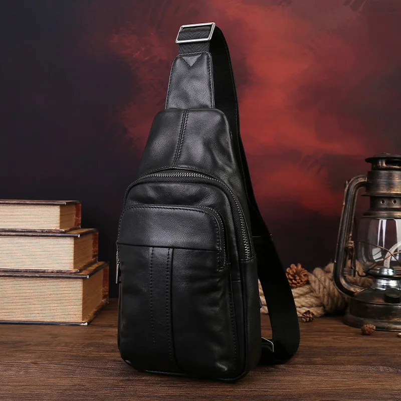 Vegetable-tanned real leather men's premium breast bag multi-pocket large capacity travel diagonal backpack