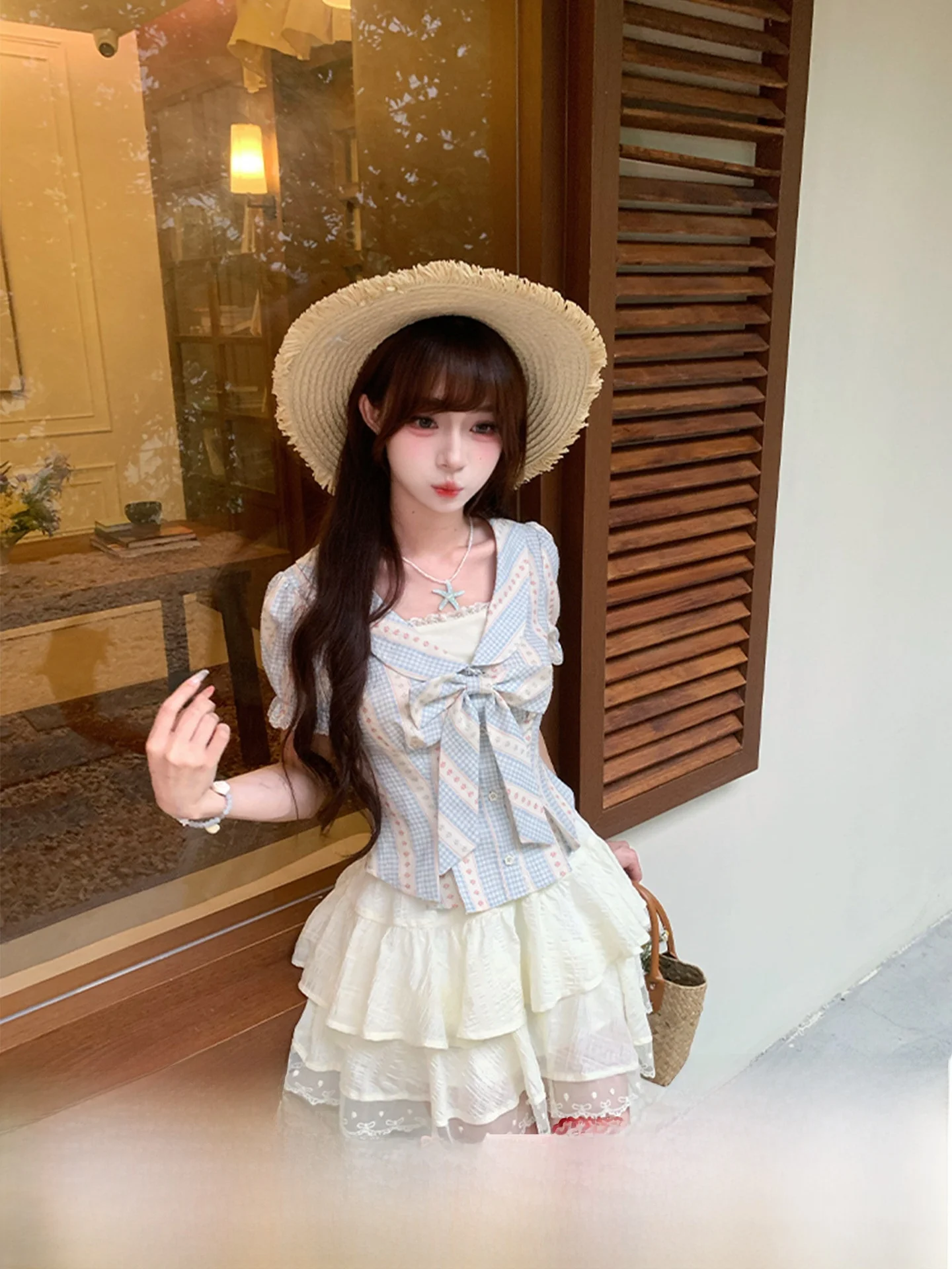 Sweet Girl Feel Fabric Pig Salted Caramel Shirt And Cake Skirt Set Women's Summer Shirt with Waist Cinching Short Sleeve Top