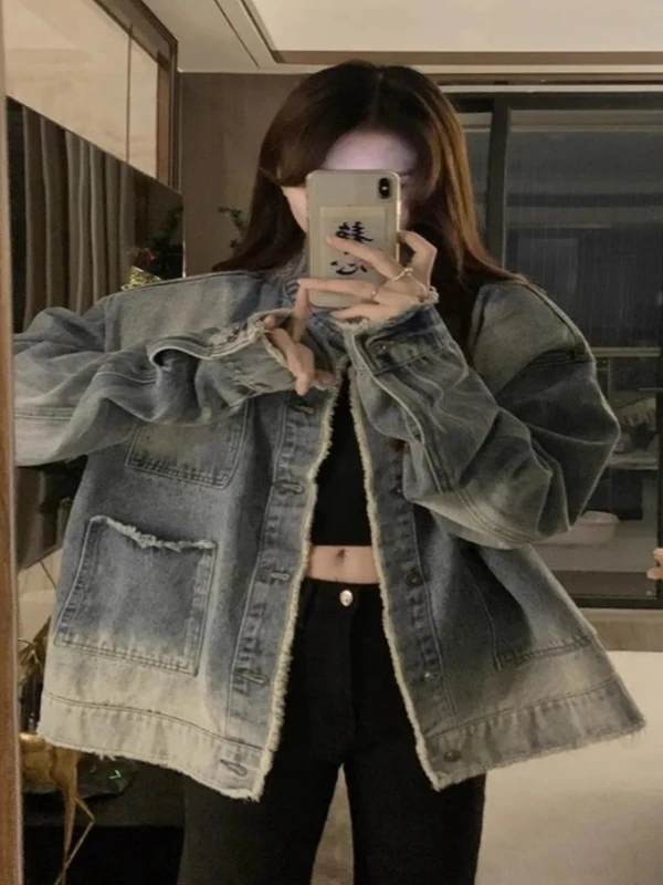 

plus Size 300 Pounds American Style Gradient Color Jeans Jacket Men's Spring Autumn Design Sense Frayed Jacket