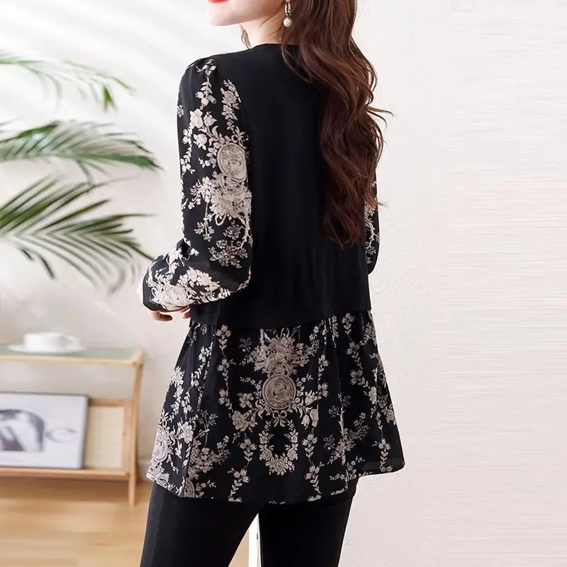 Women Clothing Plus Size Fake Two Piece Contrast Office Blouse Spring Autumn Print Patchwork Vintage Shirt Tops Casual Fashion