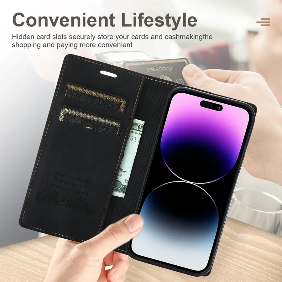 Wallet Fantastic Suction Card Slot Magnetic Flip Leather Case For iPhone 16 Pro Max 15 14 13 12 11 X XR XS SE4 SE3 SE2 8 7 Plus