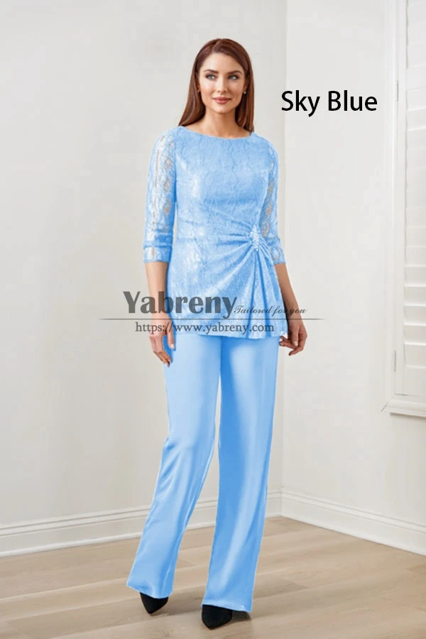 

Hot Sale Sky Blue Lace Mother of the Bride Pant Suits, 2 Piece Spring Women's Outfits