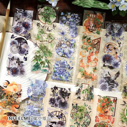 3 Sheets Vintage Chinese style Flat sticker Planner Decorative Stick Labels Diary Album handmade Junk Journal Supplies