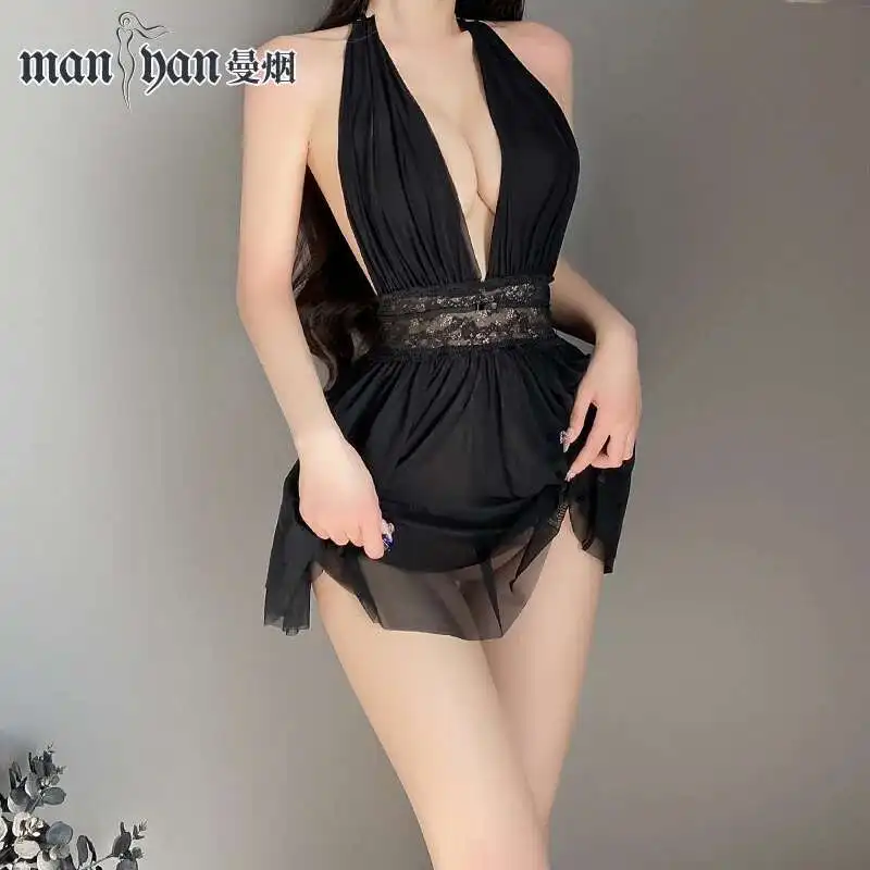 Mini vestido feminino sexy pendurado no pescoço, decote em v profundo, costas abertas, perspectiva de cintura com renda, camada dupla, fio macio, verão, 9864