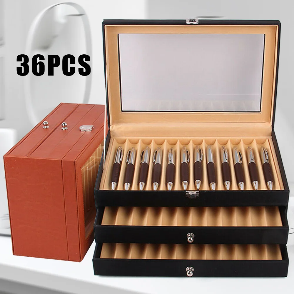 Luxuy Leather Fountain Pen Storage Display Case 36 Slots Capacity Drawer Type Flannel Organizer Box for Family Friend Gift