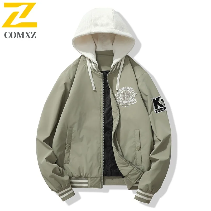 

COMXZ 2025 Мужская куртка, легкая уличная ветровка с капюшоном для пешего туризма и путешествий, осенняя модная бейсбольная куртка для бега, велоспорта